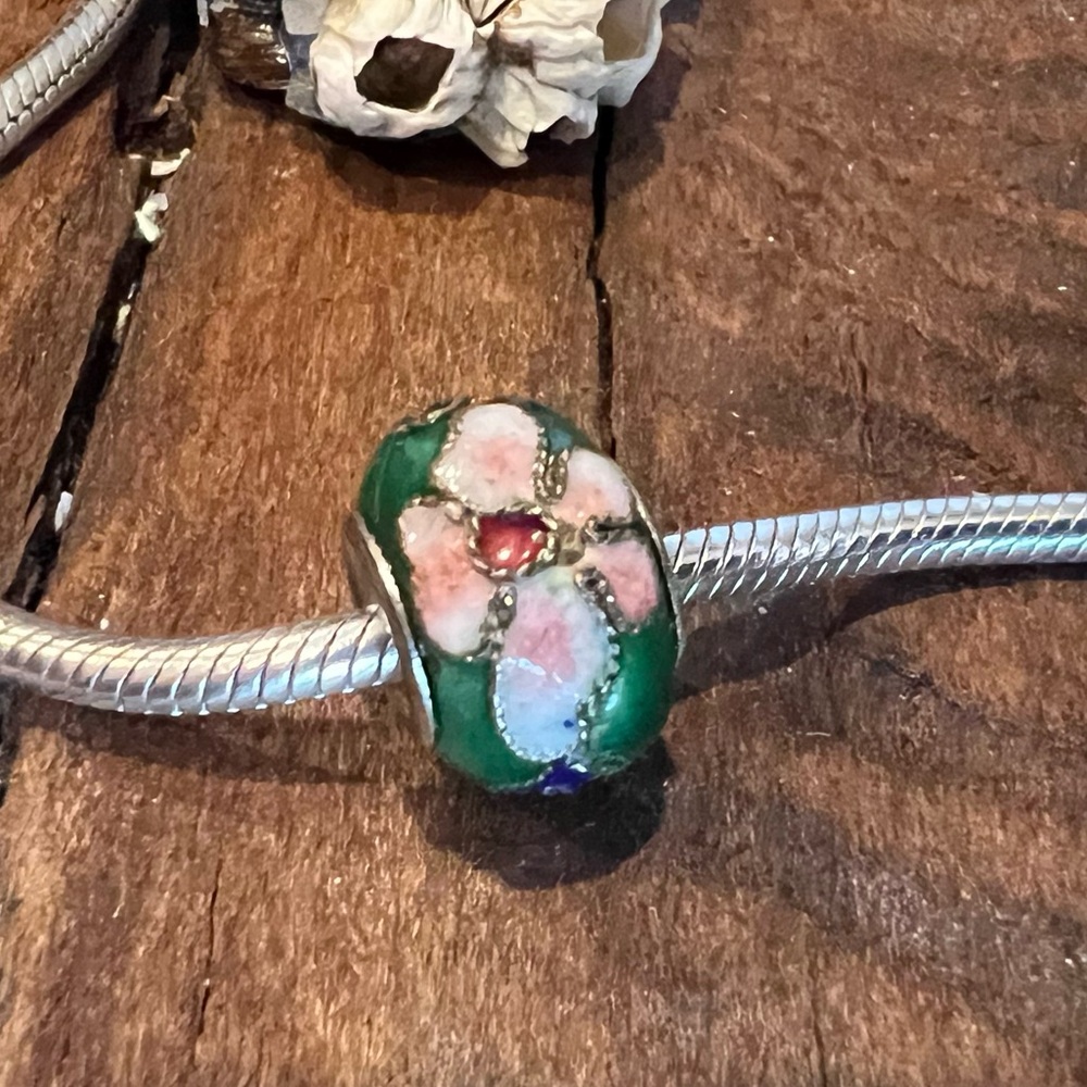 Chinese Cloisonné Charm Pink Flowers Green Blue Heart Costume Silver Tone